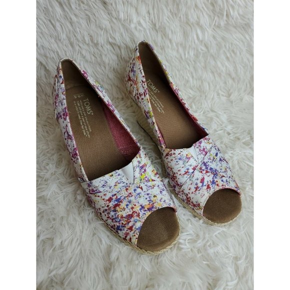 TOMS Woman's Espadrille Shoe Wedge Heel Peep Toe Floral Print Canvas Sz 9.5 NWOB - Picture 2 of 7